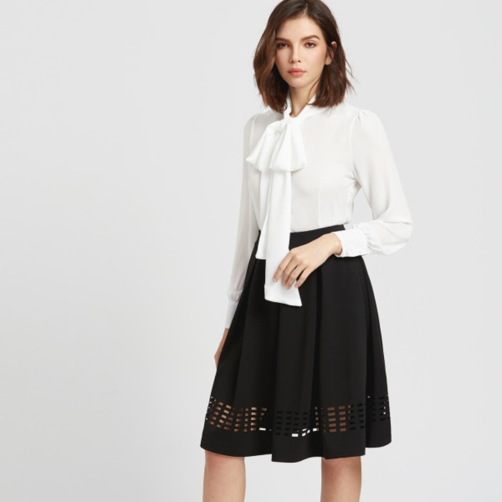 Self-tie Neck Cuffded Sleeves Curved Hem Blouse